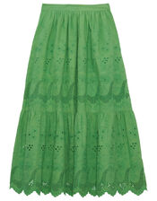 Petite Mendigote Clemence Broderie Tiered Midi Skirt, Green (GREEN), large