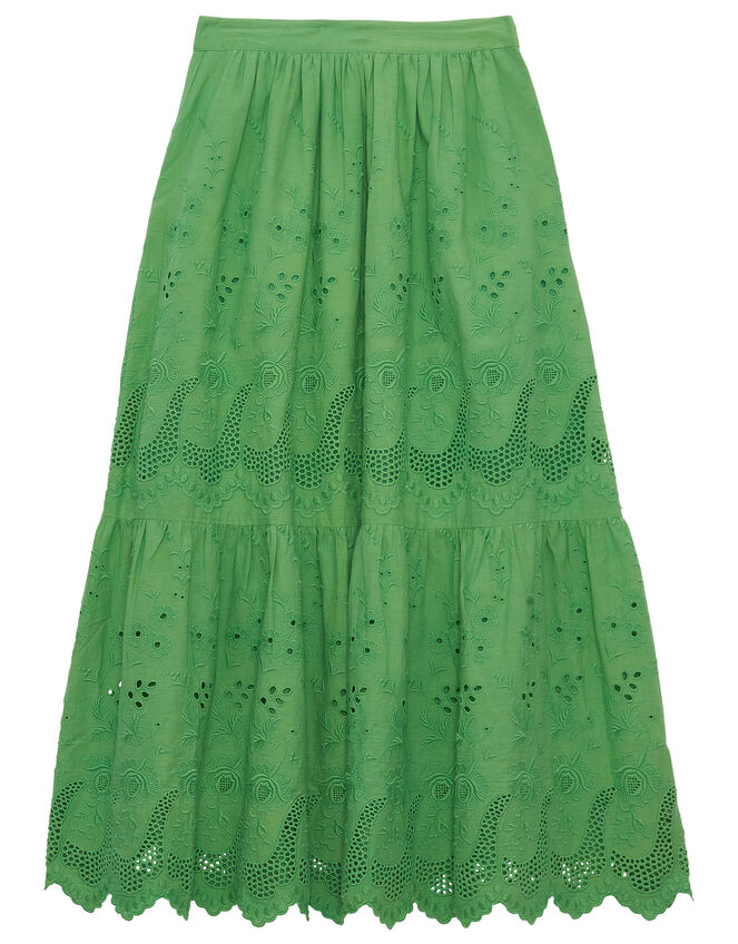 Petite Mendigote Clemence Broderie Tiered Midi Skirt, Green (GREEN), large