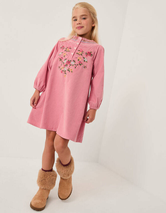 Floral Embroidered Corduroy Dress, Pink (PINK), large