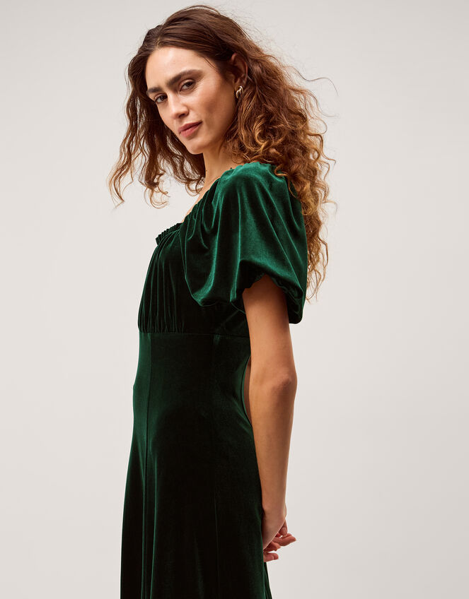 Cynthia Puff Sleeve Velvet Midi Dress, Green (DARK GREEN), large