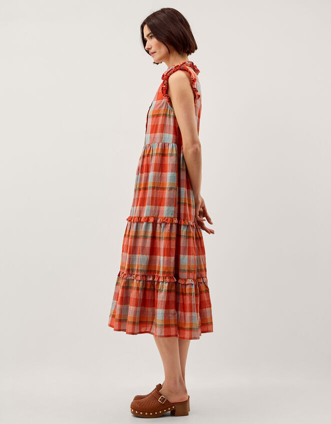 Cecily Checkered Tiered Midi Dress, Orange (ORANGE), large