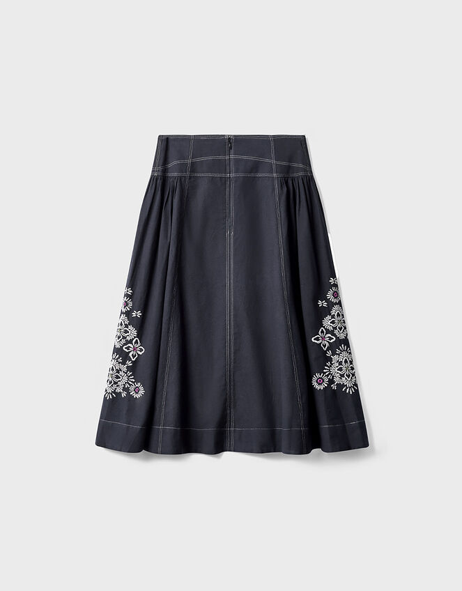 East Cora Floral Embroidered Cotton Twill Skirt, Blue (NAVY), large