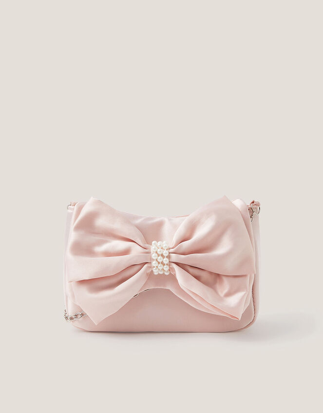 Pearl Bow Satin Bag, Pink (PALE PINK), large