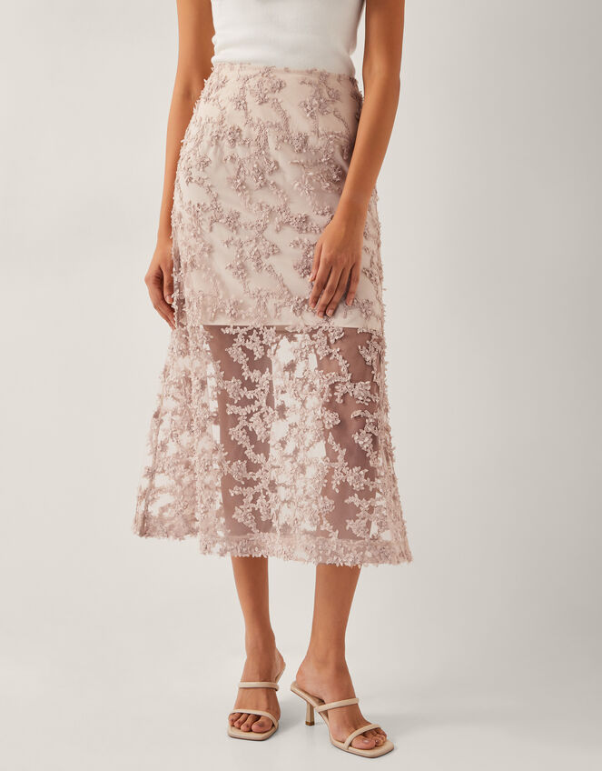 Alanna Sheer Appliqu&eacute; Midi Skirt, Nude (NUDE), large
