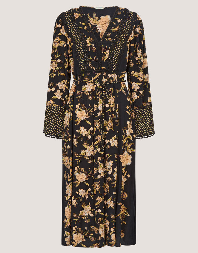 Rosaleigh V-Neck Floral Midi Dress, Black (BLACK), large