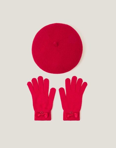 Bow Wool Beret & Gloves Set, Red (RED), large