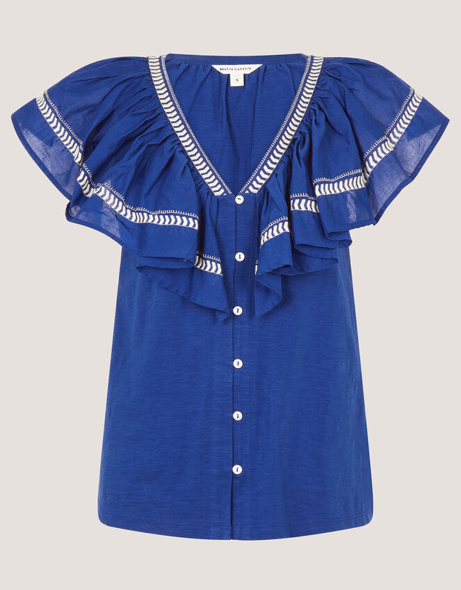 Fenn Embroidered Ruffle Jersey Top, Blue (COBALT), large