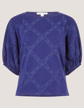 Ellie Puff Sleeve Embroidered Jersey Top, Blue (NAVY), large