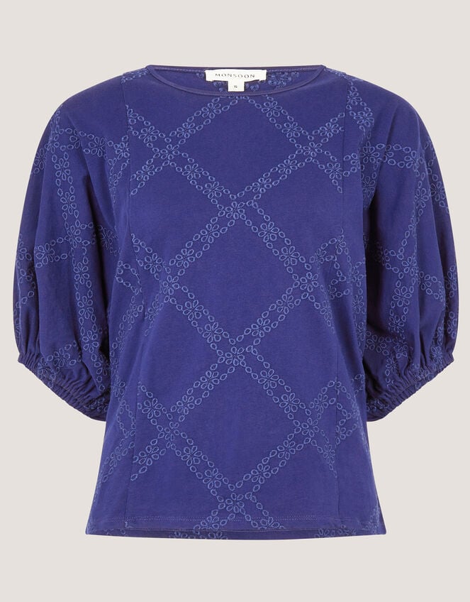 Ellie Puff Sleeve Embroidered Jersey Top, Blue (NAVY), large