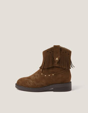 Fringe Faux Suede Cowboy Boots, Tan (TAN), large