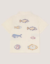 Embroidered Fish Short Sleeve Shirt, Ivory (IVORY), large