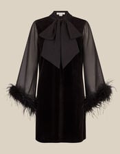 Sadie V-Neck Feather Sleeve Velvet Mini Dress, Black (BLACK), large