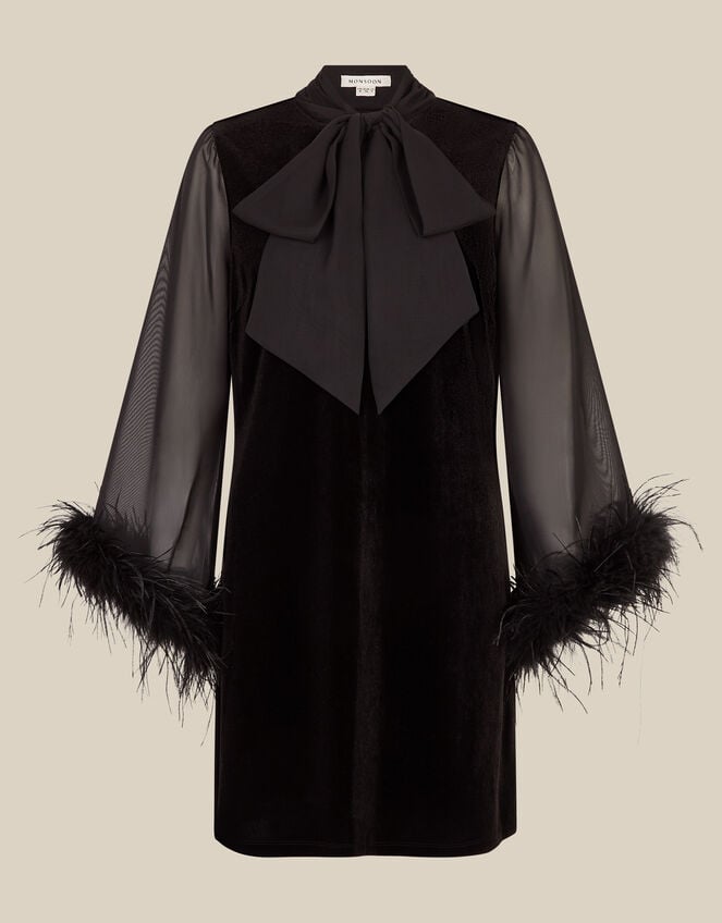 Sadie V-Neck Feather Sleeve Velvet Mini Dress, Black (BLACK), large