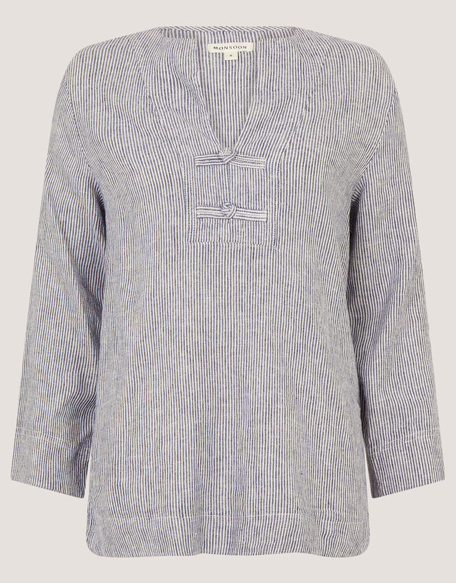 Alexis Stripe Linen-Blend Top, Blue (NAVY), large