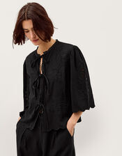 Cindy Embroidered Tie Front Top, Black (BLACK), large
