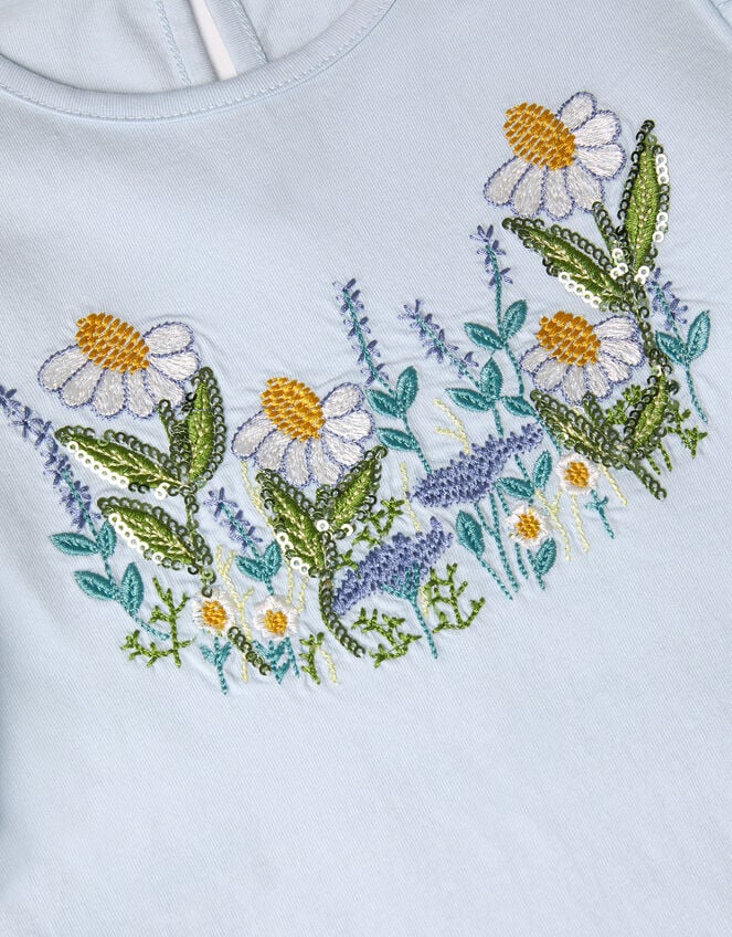 Floral Embroidered Frill T-Shirt, Blue (BLUE), large