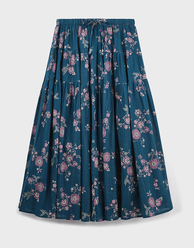 East Layla Floral Print Cotton Midi Skirt, Blue (BLUE), large