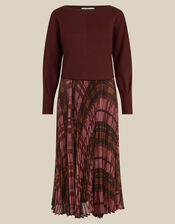 Melinda Check Print Pleated Midi Dress, Red (BURGUNDY), large