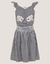 Floral Embroidered Gingham Cut-Out Dress, Black (BLACK), large