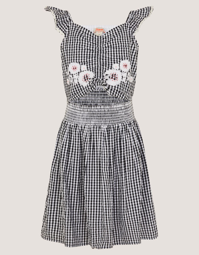Floral Embroidered Gingham Cut-Out Dress, Black (BLACK), large