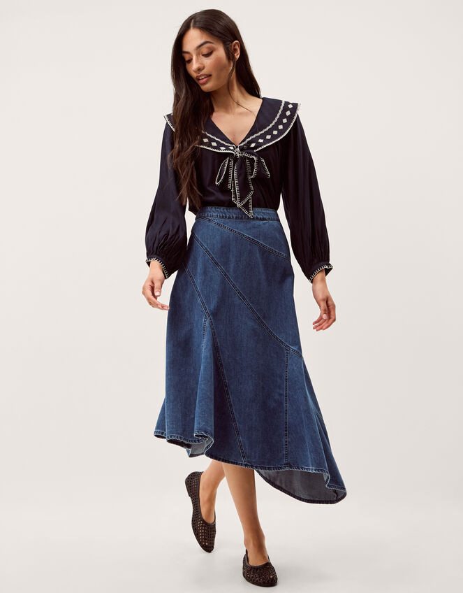 Annie Asymmetric Denim Midi Skirt, Blue (MID AUTHENTIC BLUE), large