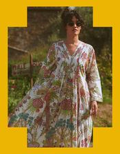 One Hundred Stars Boho Garden Print Midi Dress, Natural (ECRU), large