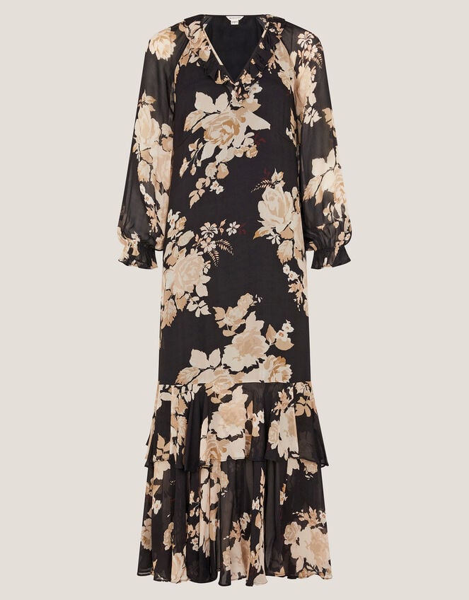 Rowena Floral Print Ruffle Maxi Dress, Black (BLACK), large