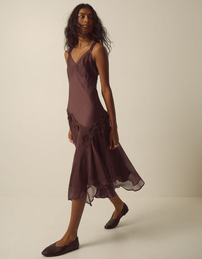 Ruby Sleeveless Asymmetrical Floral Embroidered Midi Dress, Brown (CHOCOLATE), large