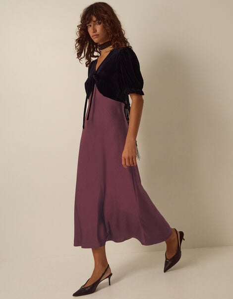 Fiona Puff Sleeve Velvet Satin Midi Dress, Red (WINE), large
