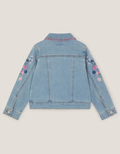 Floral Embroidered Denim Jacket, Blue (BLUE), large