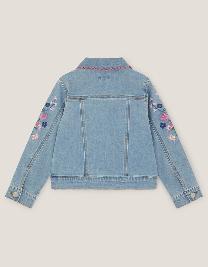 Floral Embroidered Denim Jacket, Blue (BLUE), large