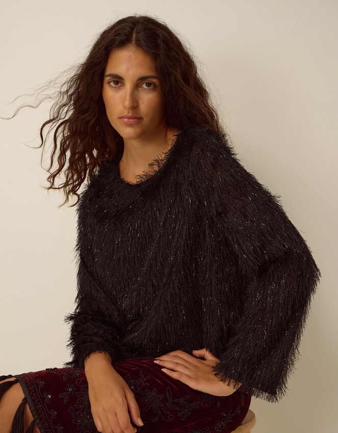 Tessa Long Sleeve Fringe Top, Black (BLACK), large