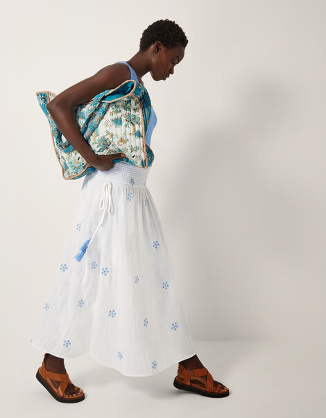 Daisy Embroidered Floral Midi Skirt, White (WHITE), large