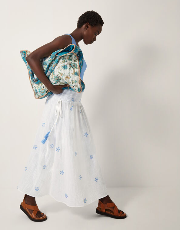 Daisy Embroidered Floral Midi Skirt, White (WHITE), large