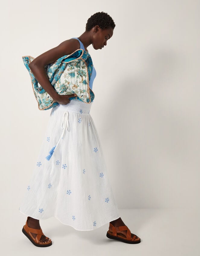 Daisy Embroidered Floral Midi Skirt, White (WHITE), large