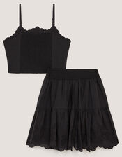 Embroidered Cotton Top & Skirt Set, Black (BLACK), large