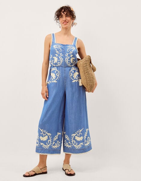Stella Embroidered Denim Culotte Jumpsuit, Blue (DENIM BLUE), large