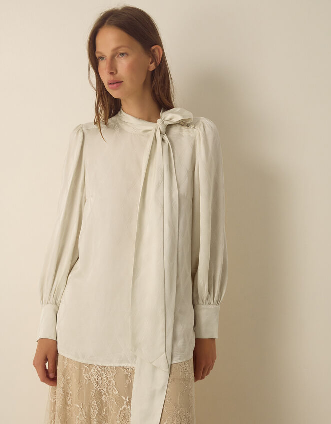 Skyla Jacquard Pussybow Blouse, Ivory (IVORY), large