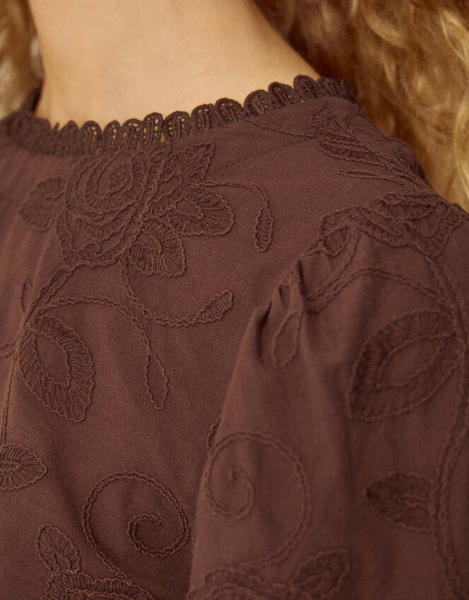 Sabine Floral Embroidered Top, Brown (BROWN), large
