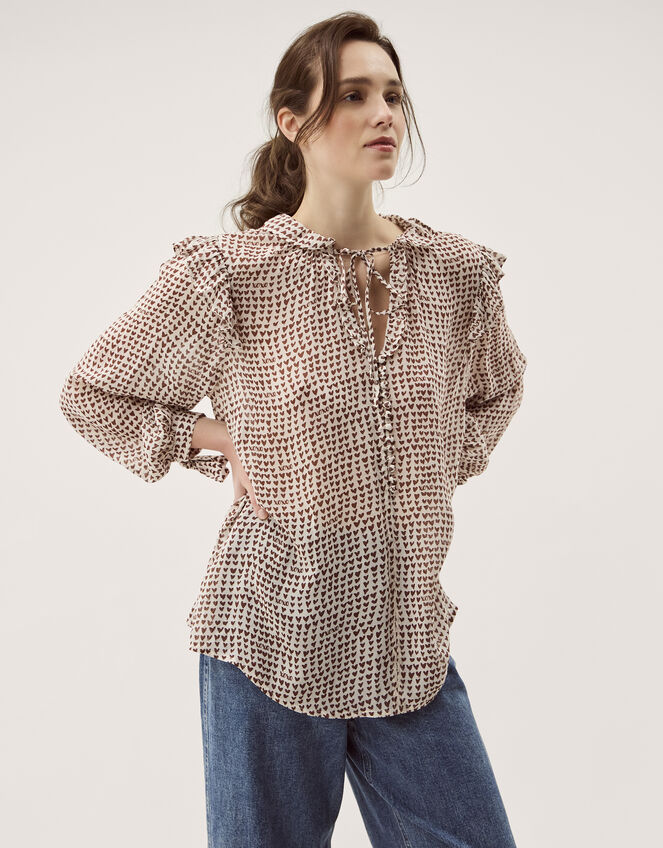 Hope Heart Print Blouse, Brown (CHOCOLATE), large
