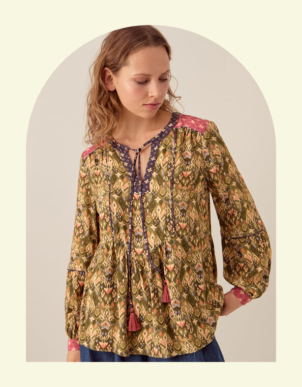 East Kiku Ikat Print Blouse, Green (GREEN), large