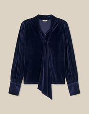 Tessa Neck Tie Velvet Shirt, Blue (MIDNIGHT), large