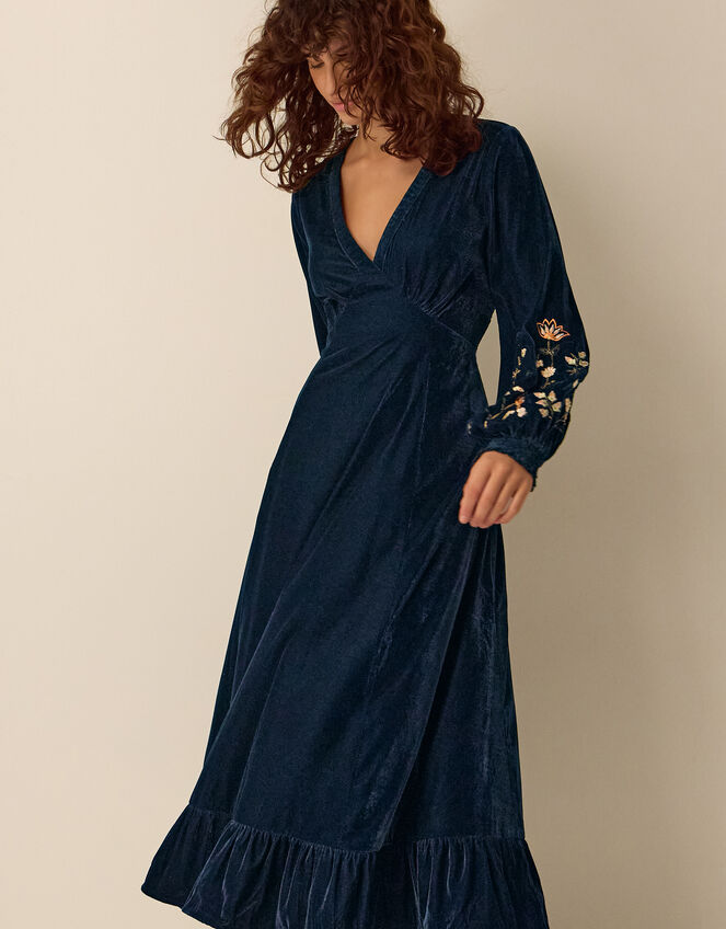 Clemence Constance V-Neck Floral Embroidered Velvet Midi Dress, Teal (TEAL), large
