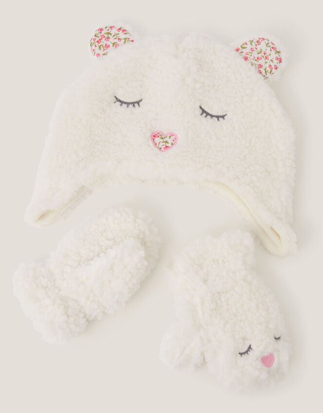 Baby Borg Bear Hat & Mitten Set, Ivory (IVORY), large