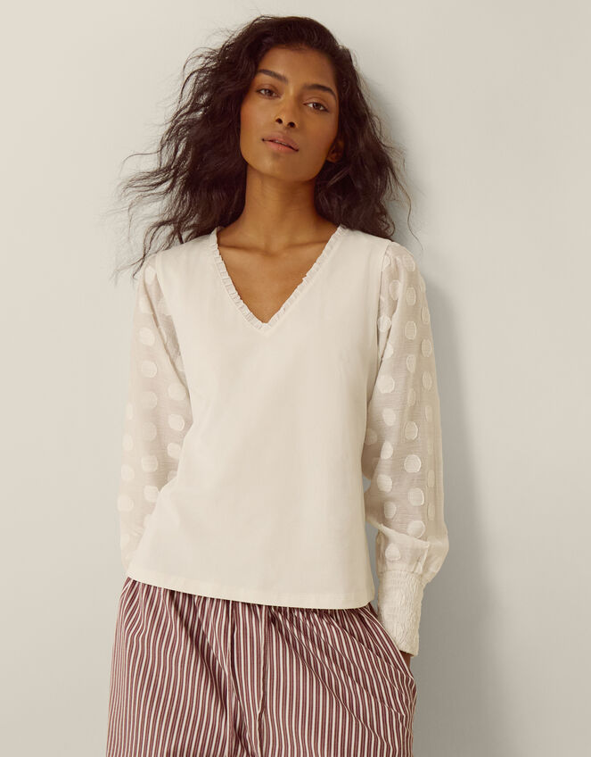Ferne V-Neck Polka Dot Top, Ivory (IVORY), large
