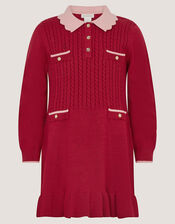 Scallop Collar Cable Knit Dress, Red (BURGUNDY), large