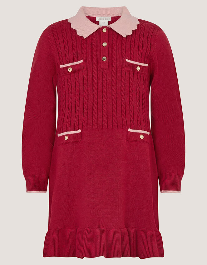 Scallop Collar Cable Knit Dress, Red (BURGUNDY), large