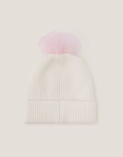 Tulle Pom-Pom Beanie Hat, Ivory (IVORY), large