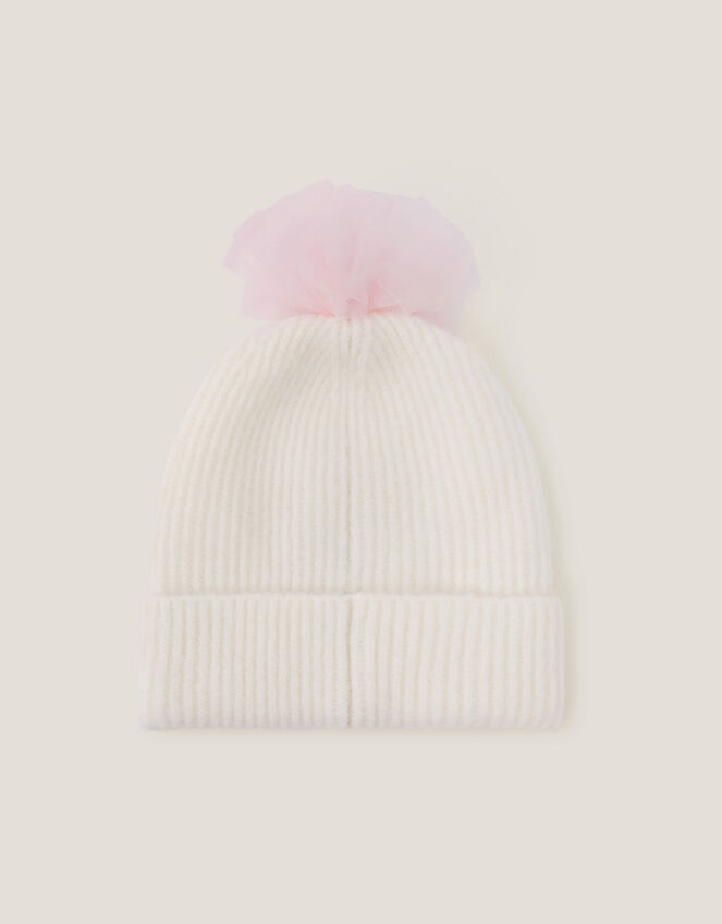 Tulle Pom-Pom Beanie Hat, Ivory (IVORY), large