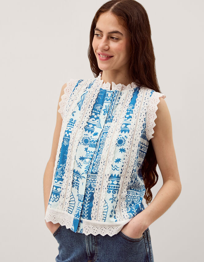 Soleil Print Lace Tank Top, Blue (COBALT), large